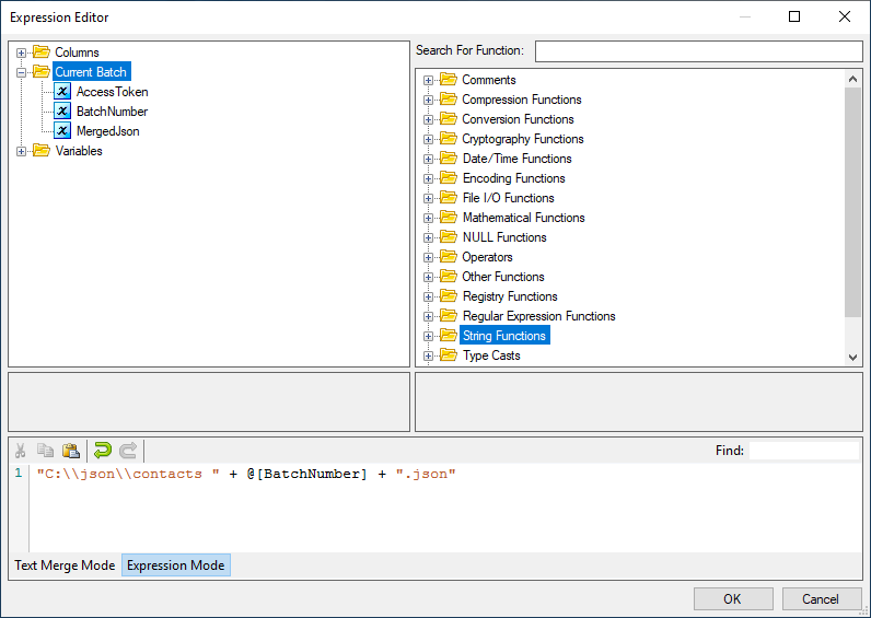 SSIS JSON Destination - Expression Editor Expression Mode